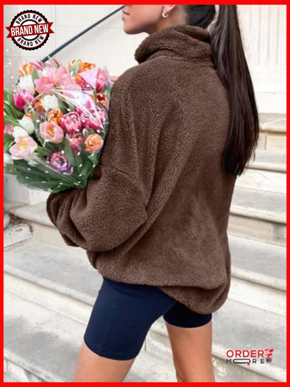 Oversized Sherpa Fleece Zip Up Hoodie Sweatshirt Pullover - Picture 5 of 7
